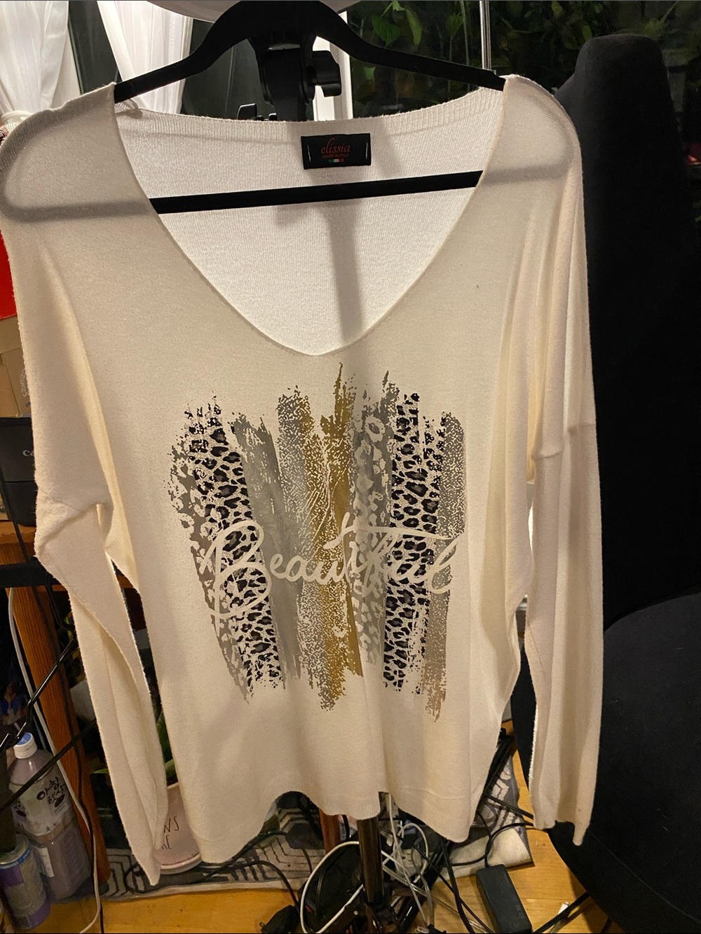 Cream V-Neck Long Sleeve Top with Metallic & Animal-Print Graphic